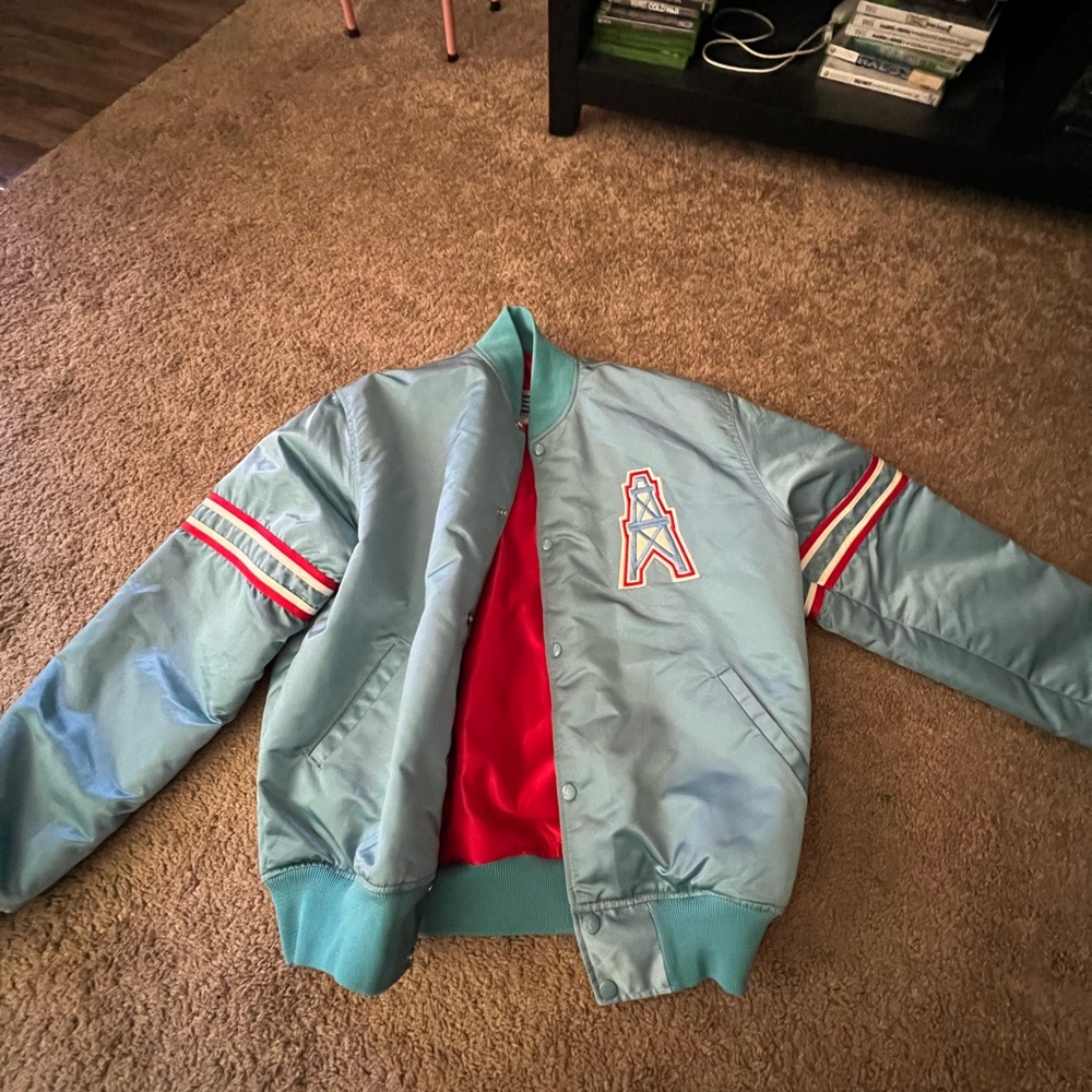 Vintage 90s Houston Oilers Satin Starter Bomber Varsity Jacket Blue Mens Size LG